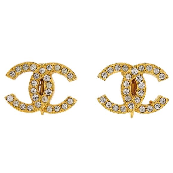 Chanel Gold CC Earrings Clip-On Rhinestone 2084 - Picture 1 of 4